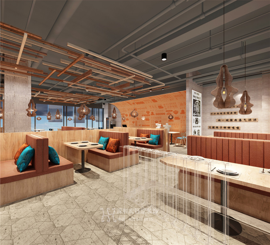 西貝三寶鄭州太格茂店設(shè)計施工方案-用餐區(qū)效果圖-宏鈺堂裝飾餐飲裝修案例