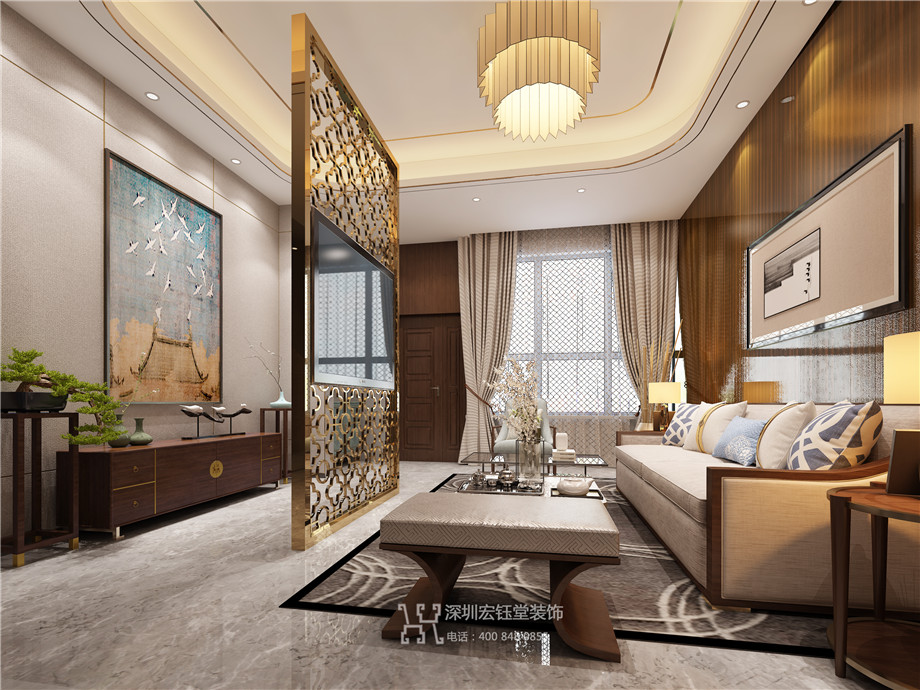 濮陽江南里現(xiàn)代中式別墅樣板間客廳裝修設(shè)計效果圖