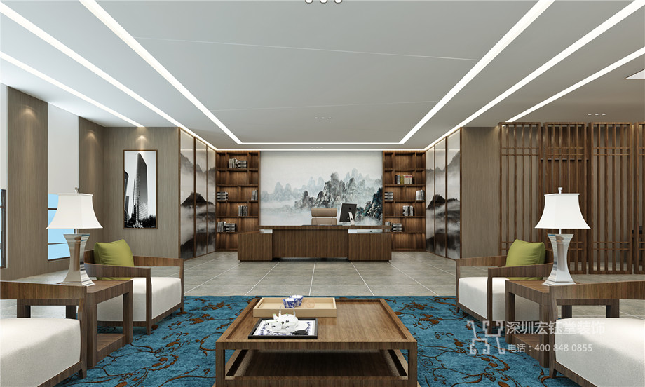 鄭州獨棟辦公樓裝修設(shè)計-新中式董事長辦公室設(shè)計效果圖