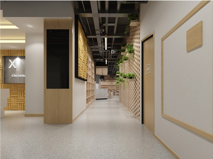 原木色時尚簡約風(fēng)少兒英語培訓(xùn)機(jī)構(gòu)走廊裝修效果圖