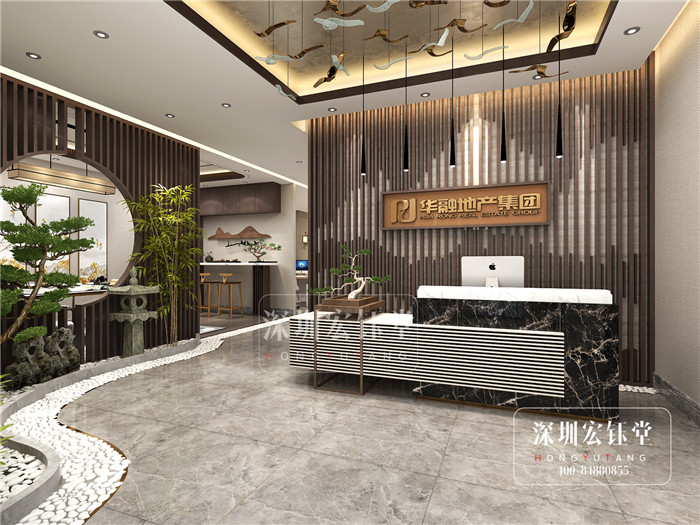 鄭州華融地產(chǎn)新中式辦公室前臺裝修設(shè)計(jì)效果圖