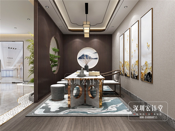 鄭州華融地產(chǎn)新中式辦公室接待處茶室裝修設(shè)計(jì)效果圖