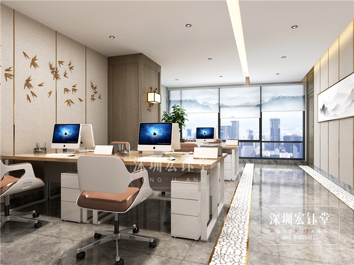 鄭州華融地產(chǎn)新中式辦公室敞開辦公區(qū)裝修設(shè)計(jì)效果圖