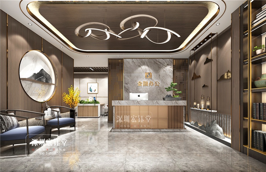 鄭州華融金融中心中式辦公室前臺裝修效果圖