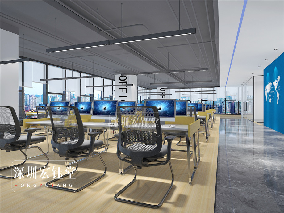 敞開辦公區(qū)裝修設計-前廳裝修設計-天眼查河南總部辦公室裝修效果圖