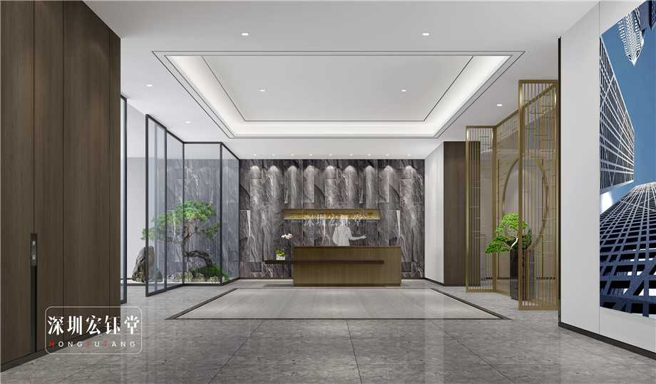 鄭州中式辦公室前臺裝修效果圖-河南融眾辦公樓裝修案例